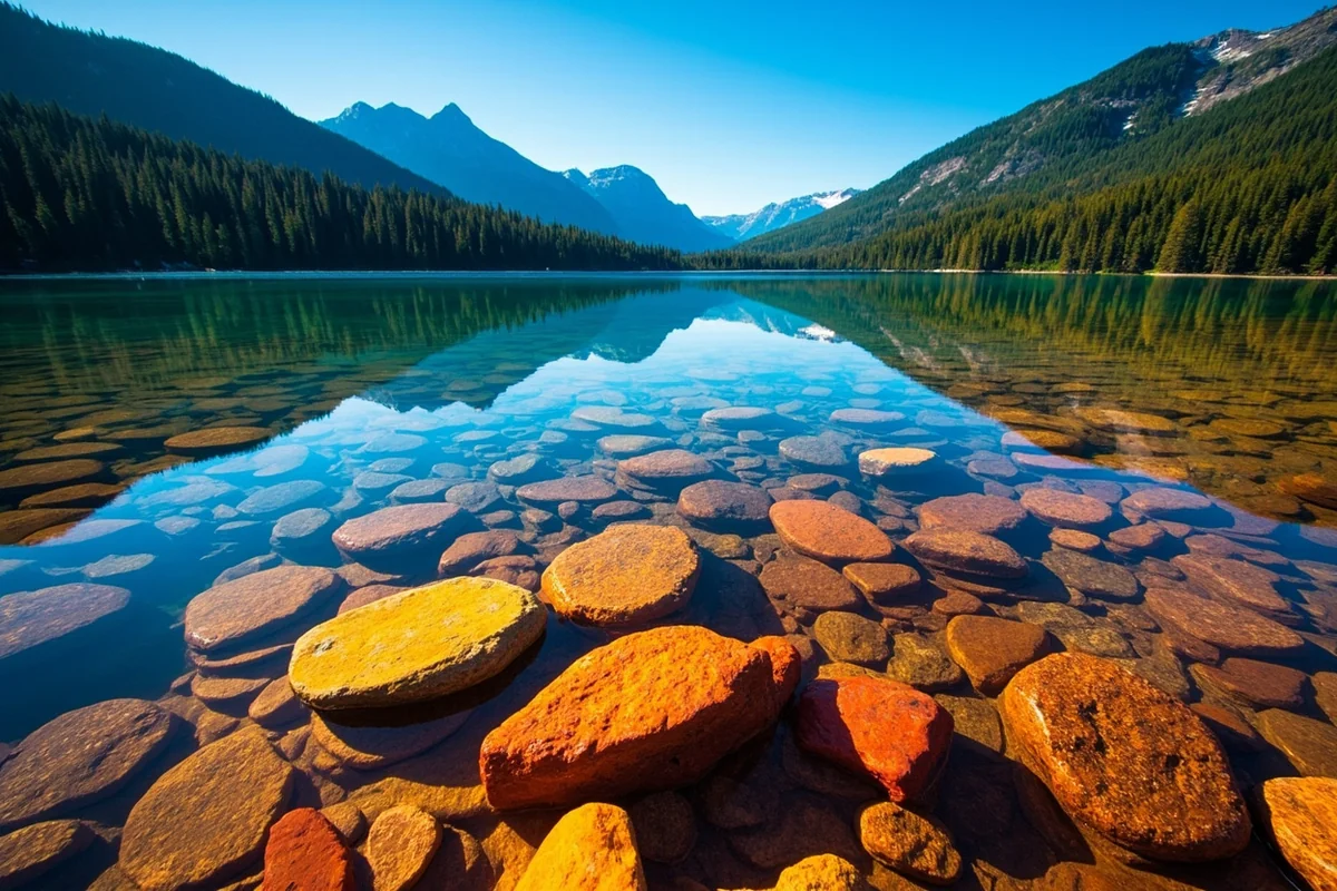 Colorful rocks visible through clear water at Lake McDonald with mountains and forest in background