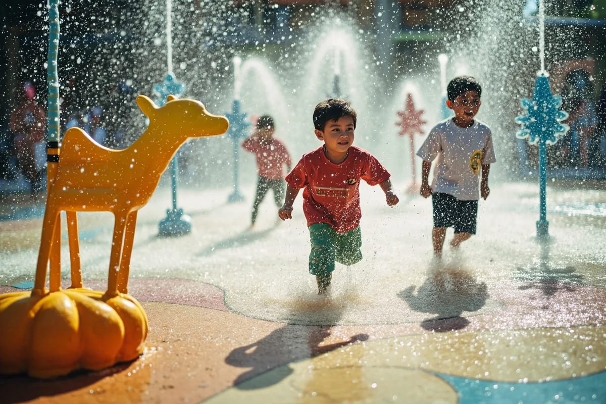 Colorful spray features including animal-shaped water elements with children running between them