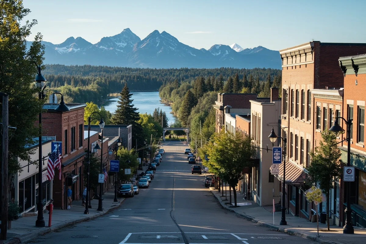 Columbia Falls downtown with the Flathead River and distant peaks of Glacier National Park visible