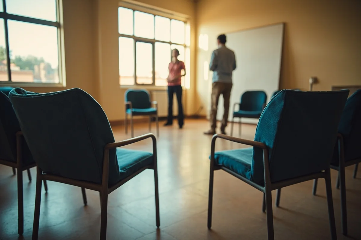 Community gathering space with folding chairs arranged in circle for support group meeting