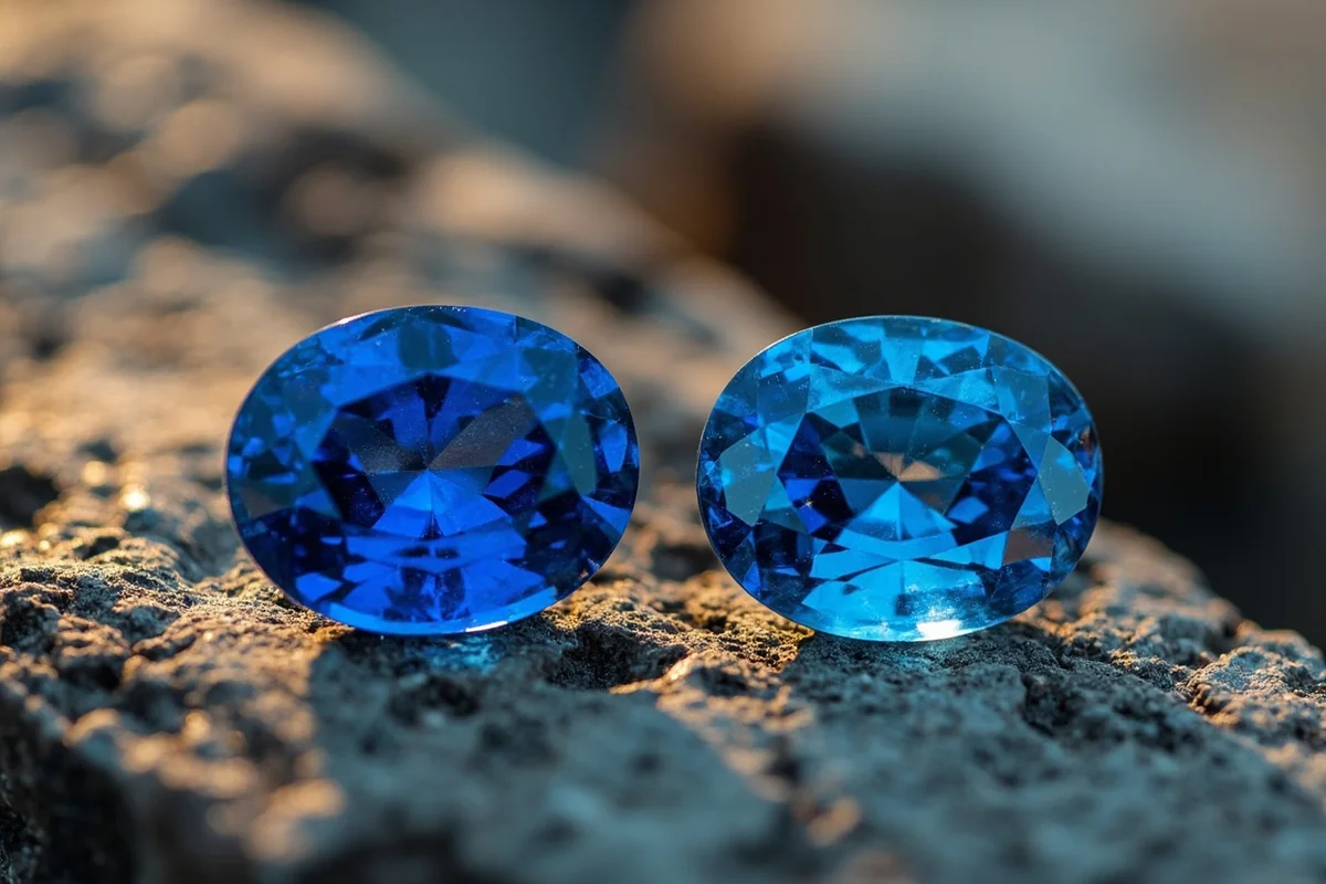 Comparison of Yogo sapphire intense blue color versus lighter Rock Creek sapphires