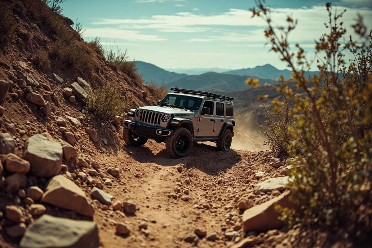 Comparison scene showing Jeep navigating rocky switchback trail