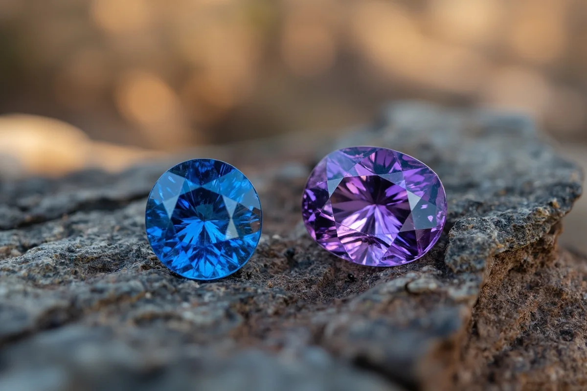 Comparison shot showing a Yogo sapphire next to sapphires from other Montana deposits to demonstrate color differences