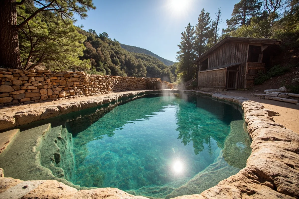 Comparison shot showing rustic natural pool setting at Potosi Hot Springs