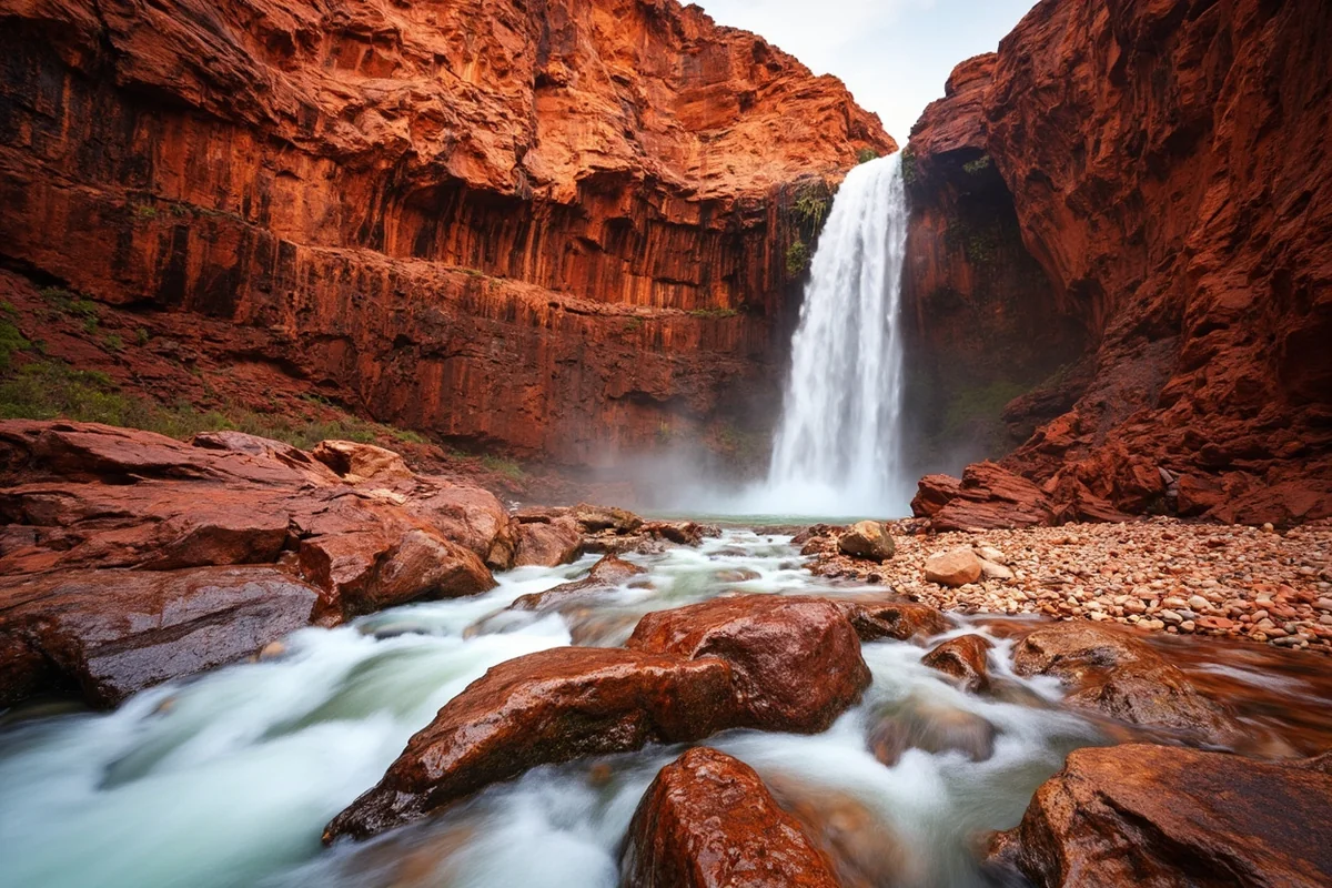 Comparison shot showing the distinctive red rocks alongside the white water of Redrock Falls
