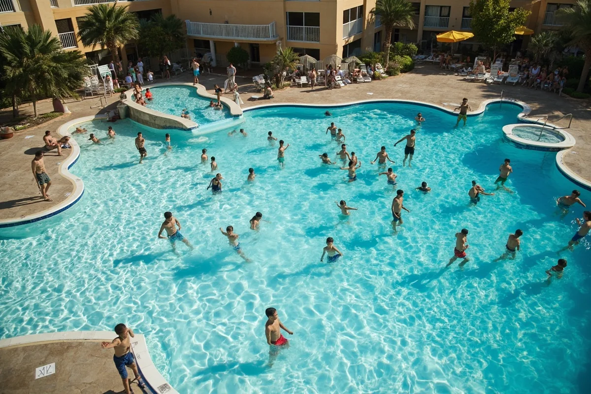 Comparison shot showing the main pool area during a busy afternoon with families spread throughout