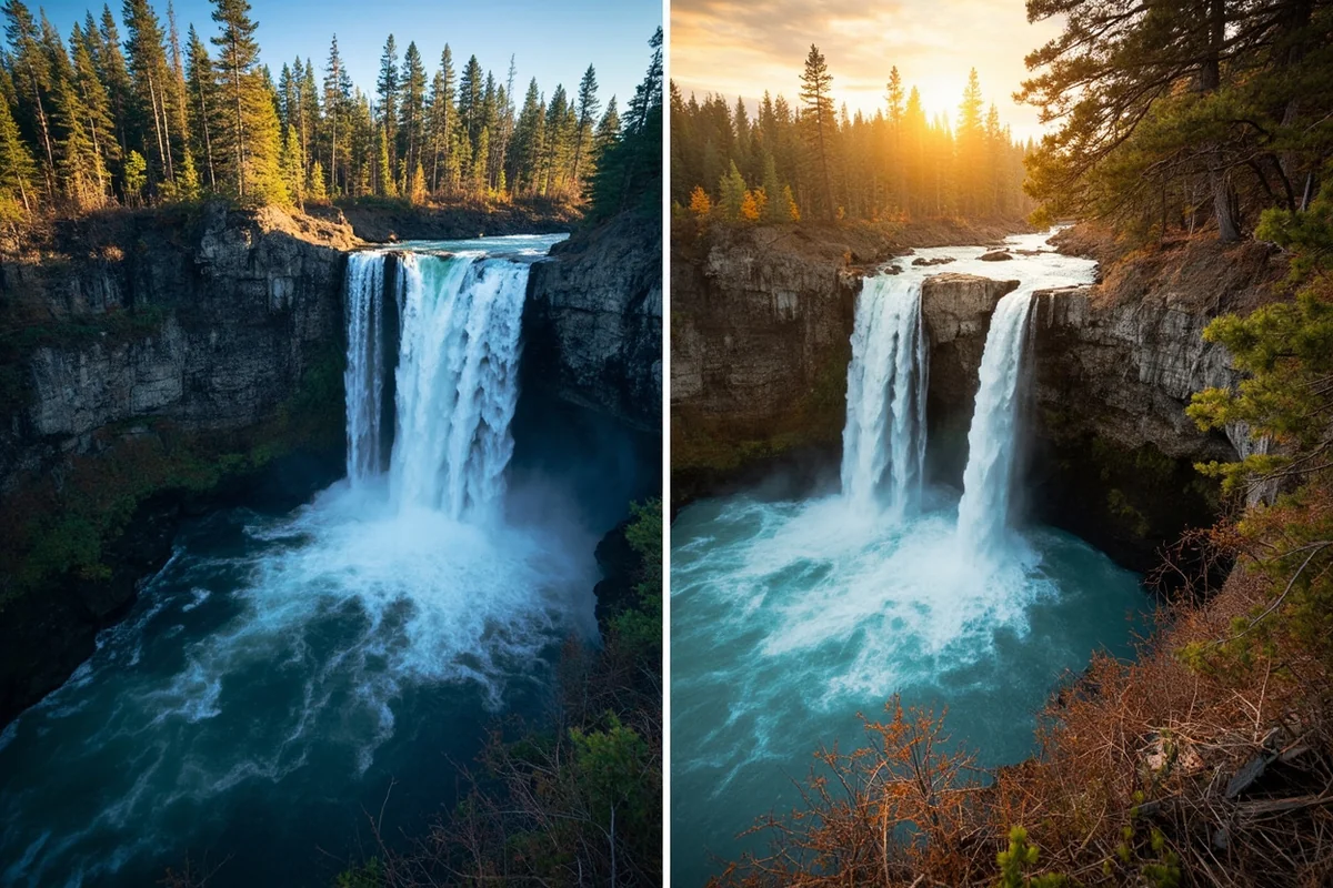 Comparison shot showing the unique narrow chute formation of Raven Quiver Falls