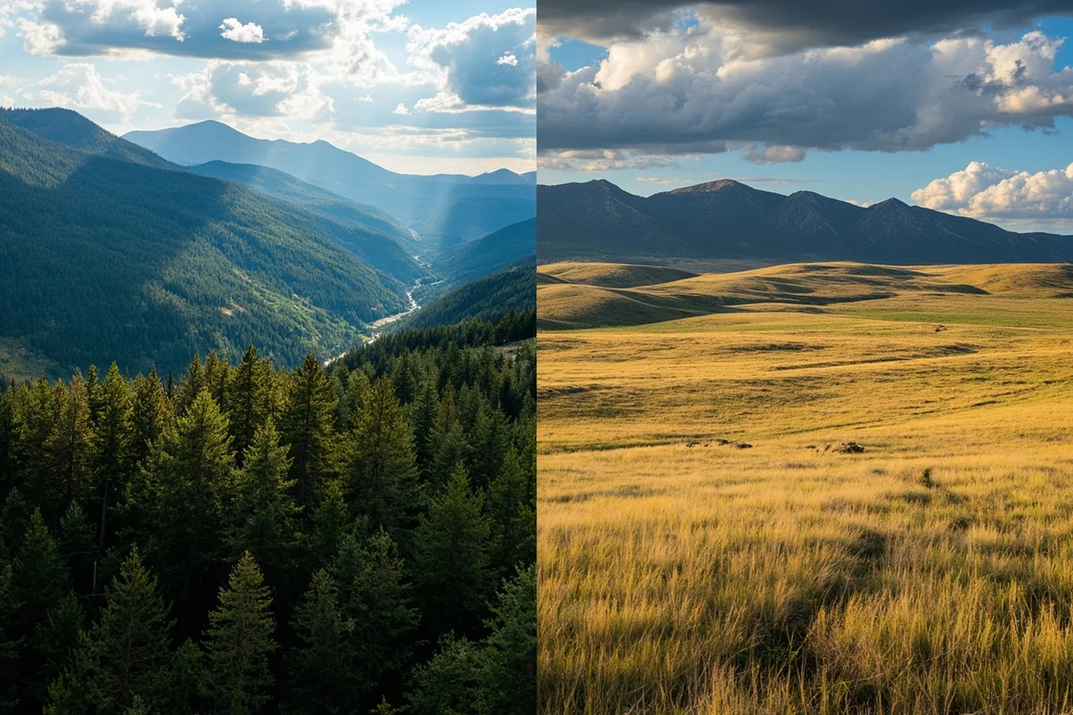 Comparison shot showing western Montana's forested valleys versus eastern Montana's prairie landscape