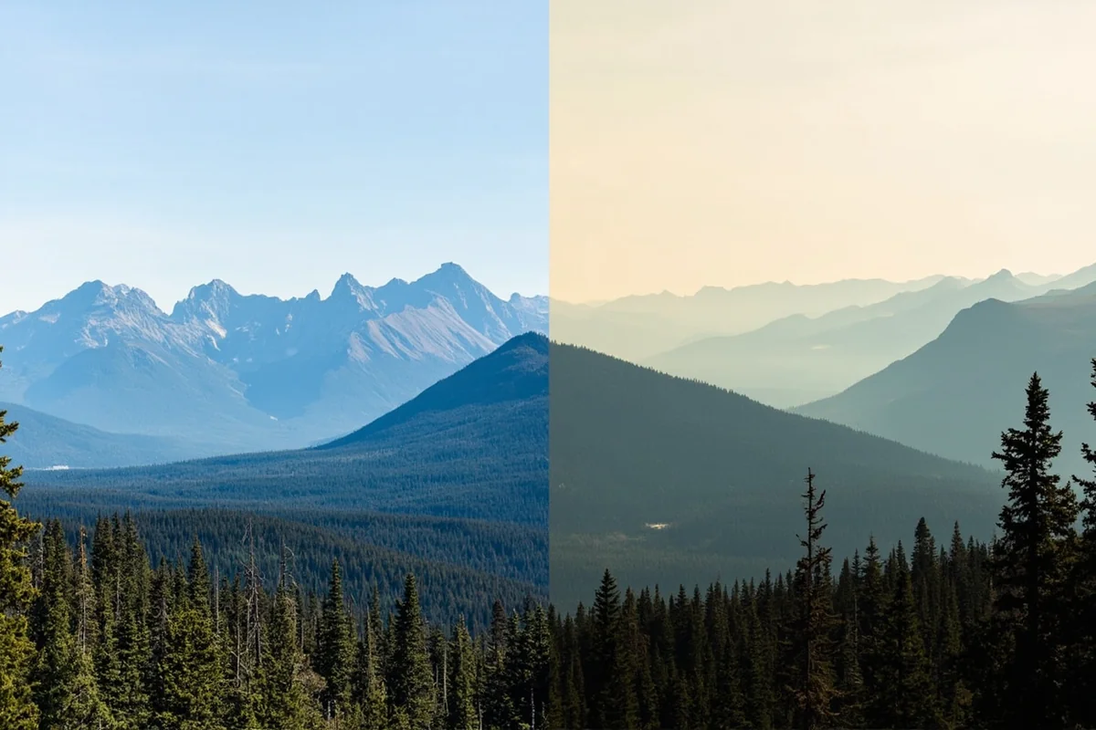 Comparison showing clear day versus hazy smoke day in Glacier National Park