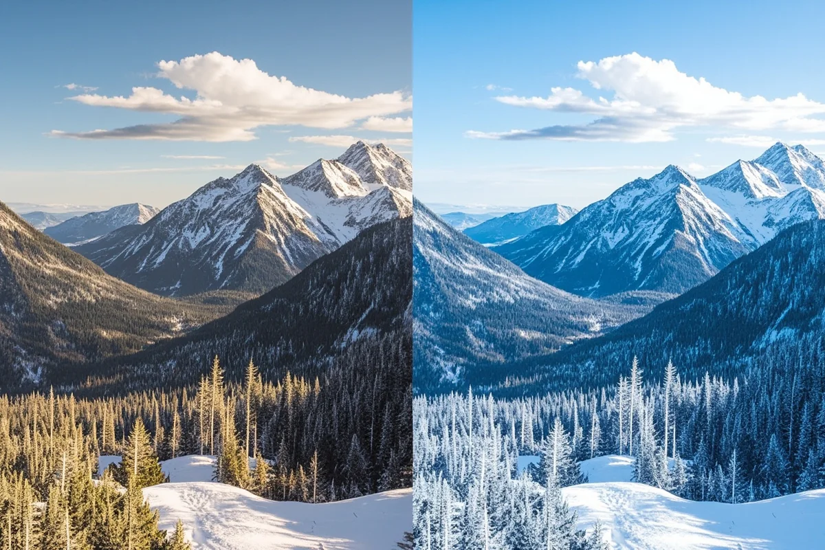 Comparison showing same Montana mountain scene in summer vs winter conditions