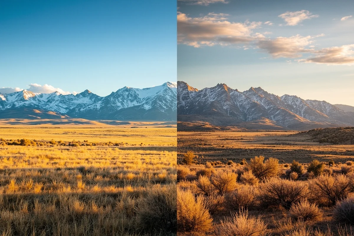 Comparison split image showing Montana's eastern plains landscape versus the Rocky Mountain terrain in the west