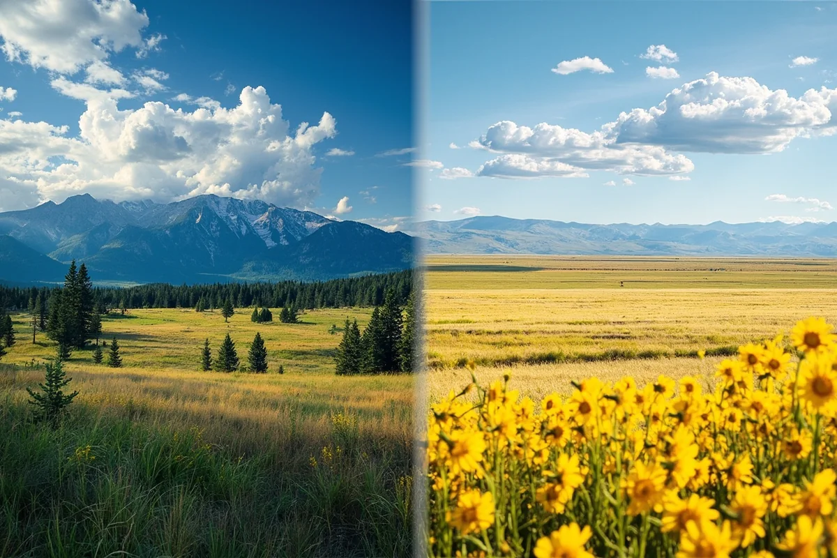 Comparison split image showing mountainous western Montana landscape versus flat eastern Montana prairie in summer