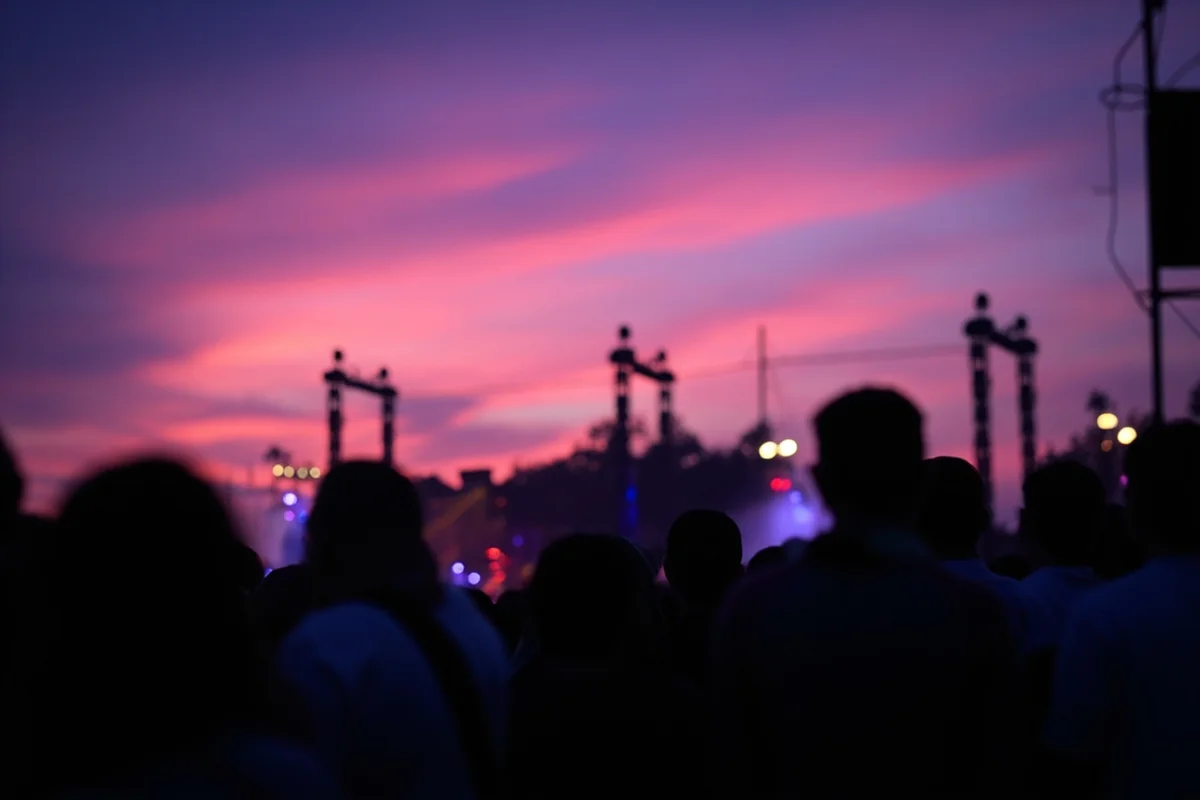 Concert crowd at dusk with pink/purple sunset sky visible above the stage