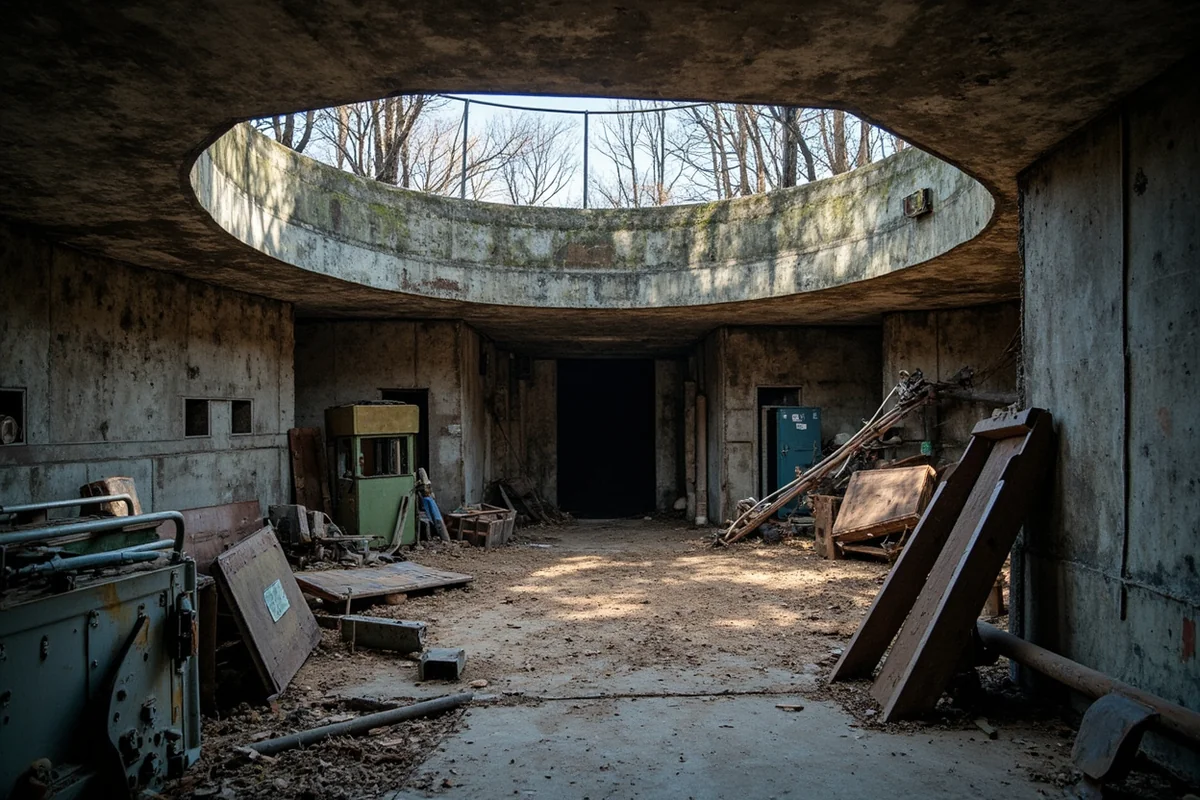 Concrete bunker remains at former radar station with metal debris and weathered equipment