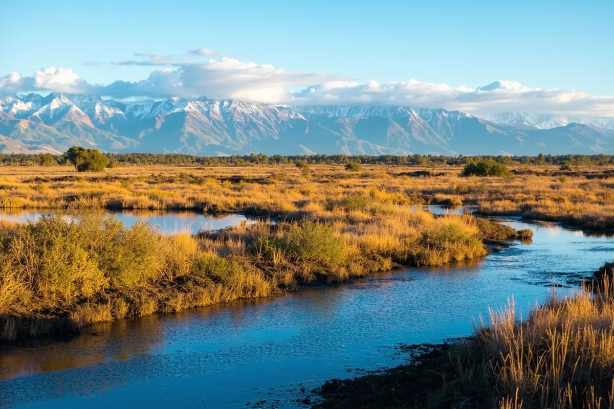 Conservation area showing restored wetland habitat with mountains in distance