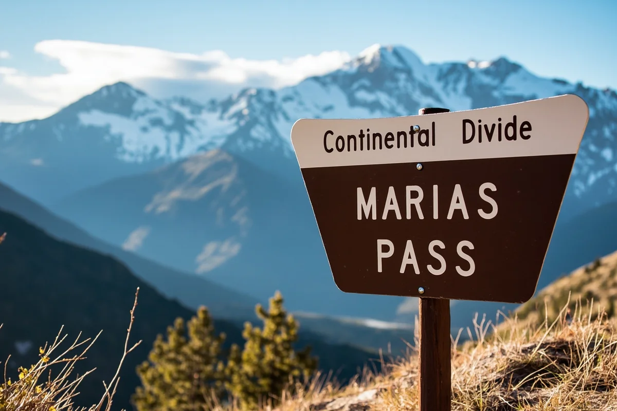 Continental Divide sign at Marias Pass with snow-dusted peaks
