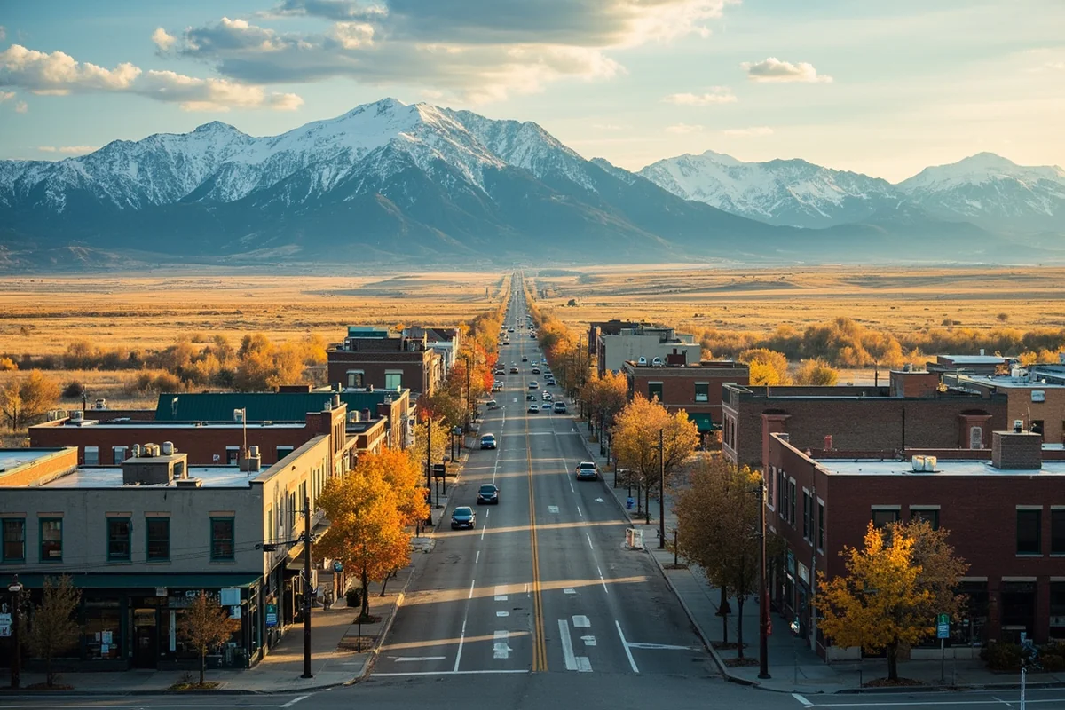 Contrast photo showing busy downtown Bozeman versus empty prairie landscape