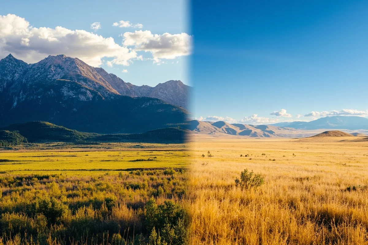 Contrast photo showing Montana's two distinct landscapes - mountains on one side, prairie on the other