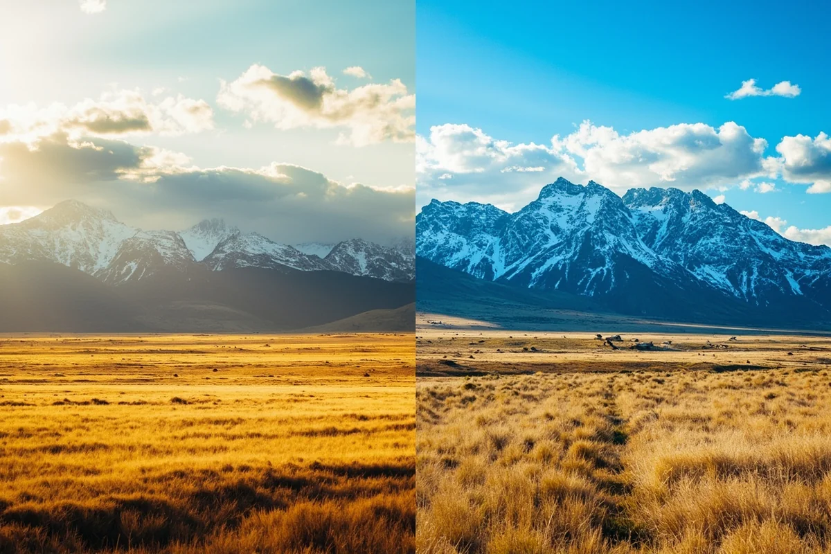 Contrasting split image showing Rocky Mountains near Whitefish and prairie grasslands near Malta