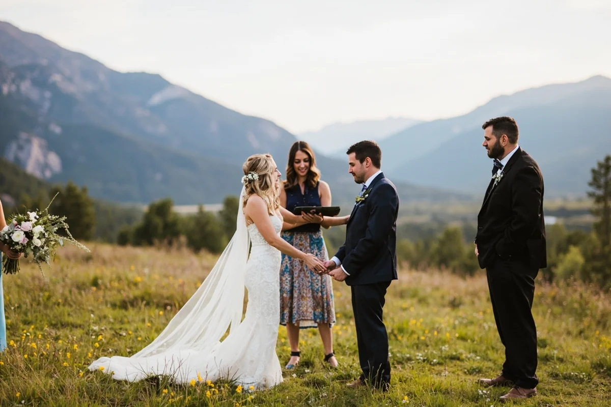 Couple at Montana outdoor wedding ceremony with mountain backdrop