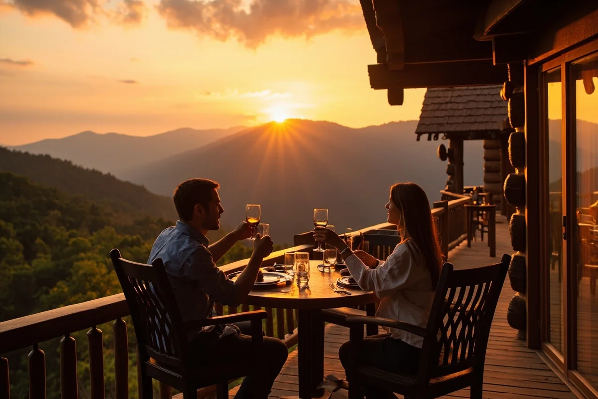 Couple enjoying sunset dinner on rustic lodge deck with mountain views