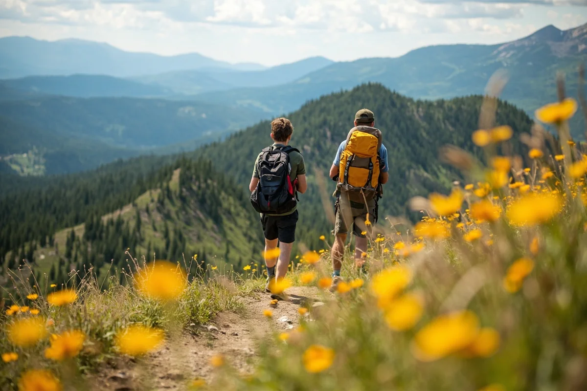 Couple hiking Montana trail with wildflowers in foreground
