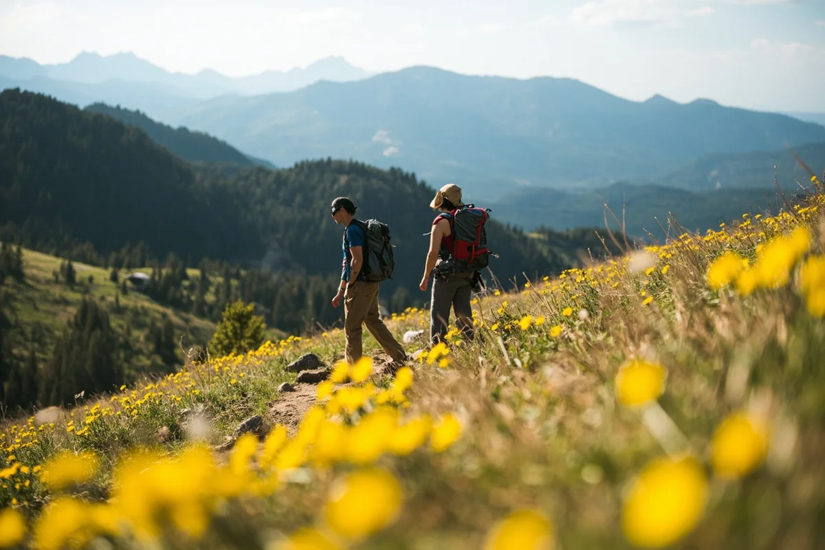 Couple hiking on Beehive Basin trail with wildflowers and mountain views