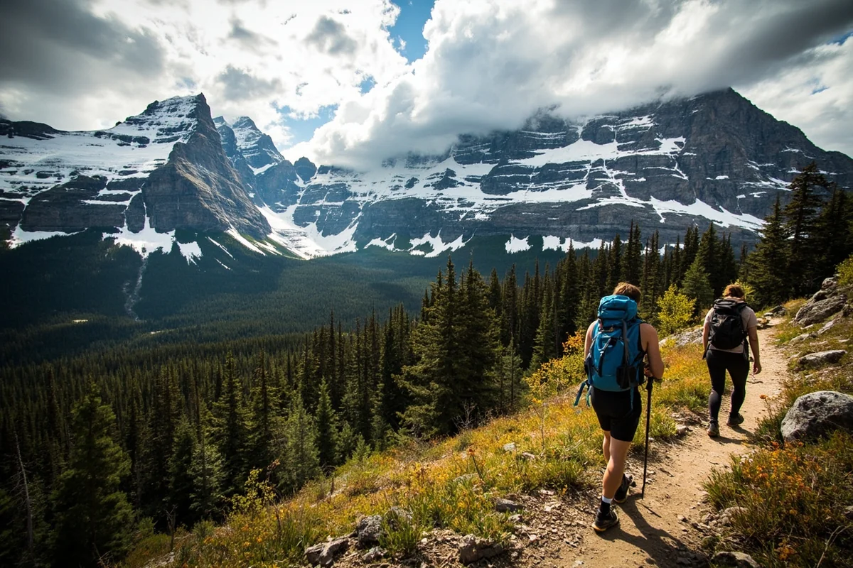 Couple hiking on Highline Trail with dramatic mountain scenery in Glacier National Park