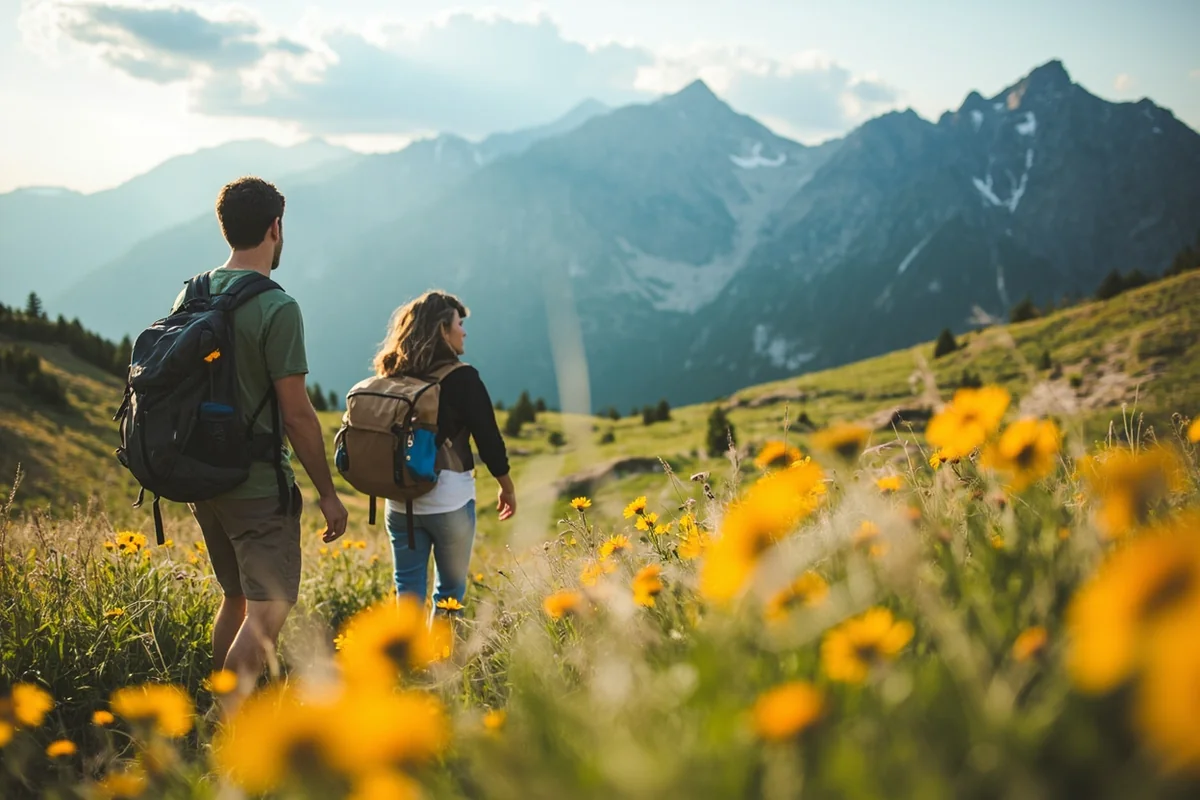 Couple hiking through wildflower meadow with mountain backdrop during summer