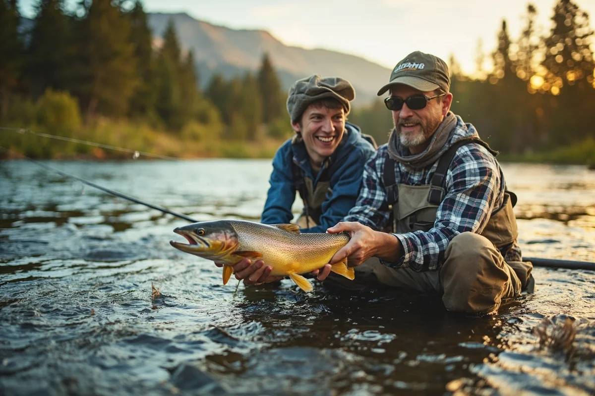 Couple learning fly fishing together on Montana river with guide instruction