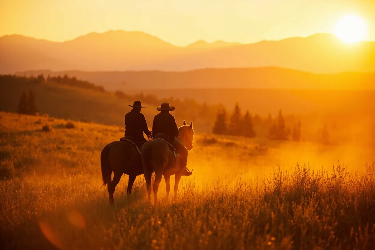 Couple on horseback riding through golden Montana meadow at sunset with mountain backdrop