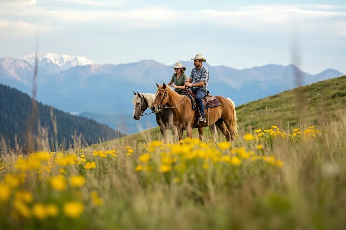 Couple on horseback riding through Montana alpine meadow with wildflowers