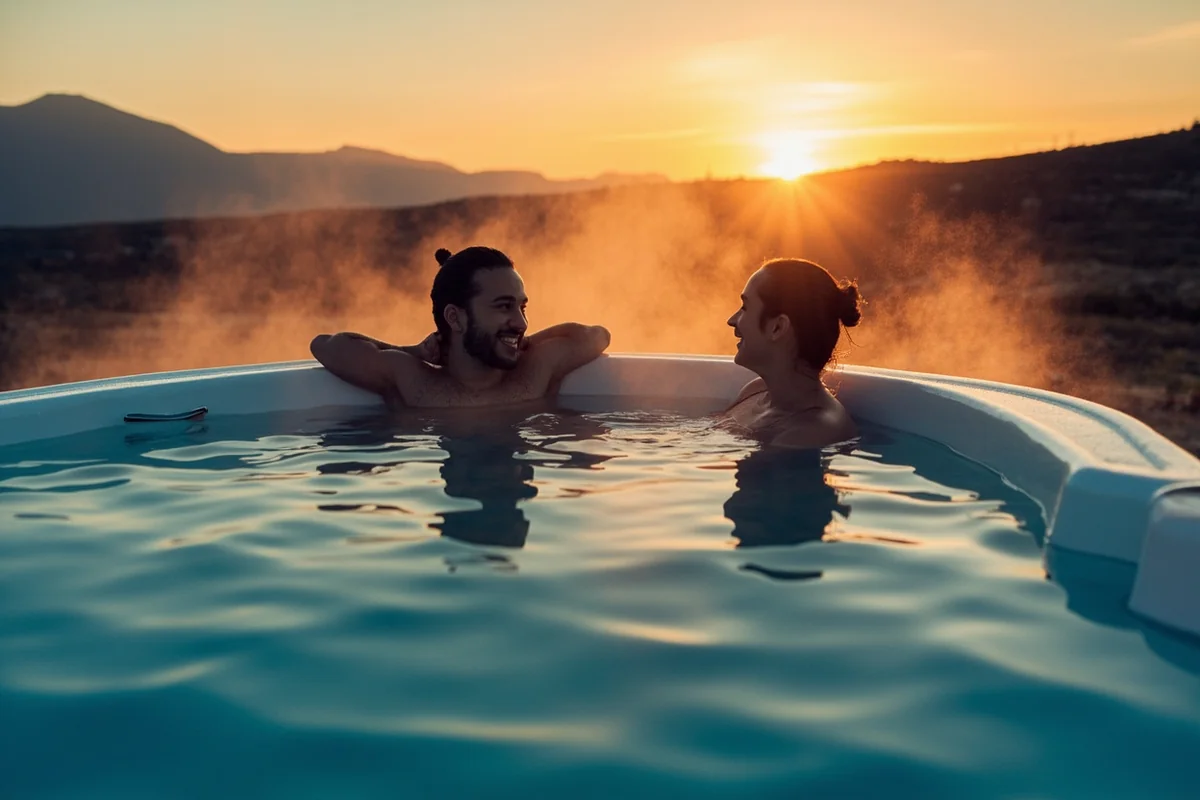 Couple relaxing in natural hot springs pool with mountain backdrop at sunset