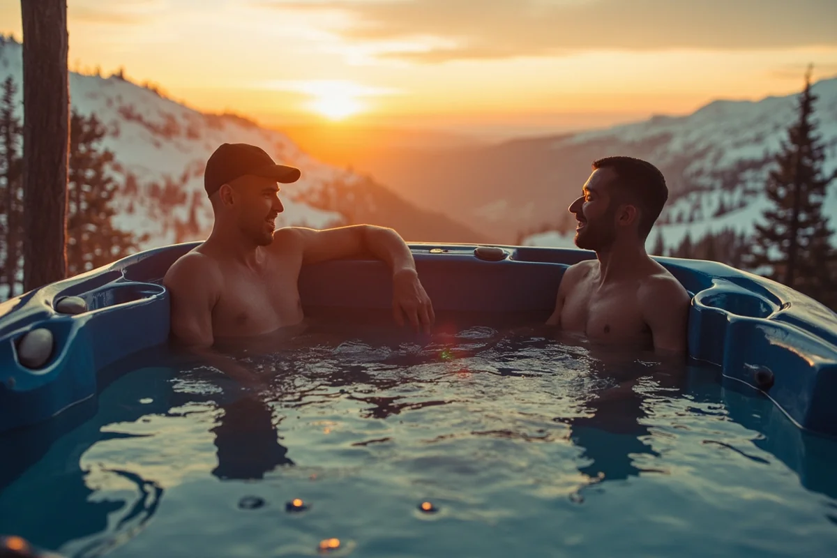 Couple relaxing in outdoor hot tub with snowy mountain views at sunset
