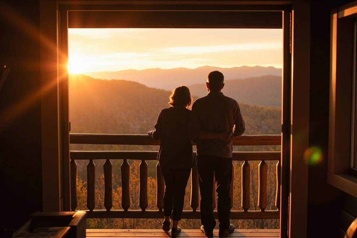 Couple standing on a cabin balcony overlooking Montana mountains at sunrise