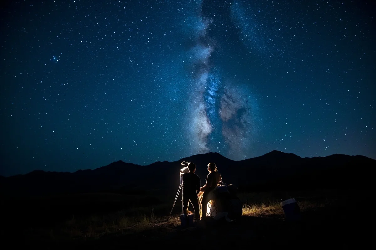 Couple stargazing with Milky Way visible over Montana mountains