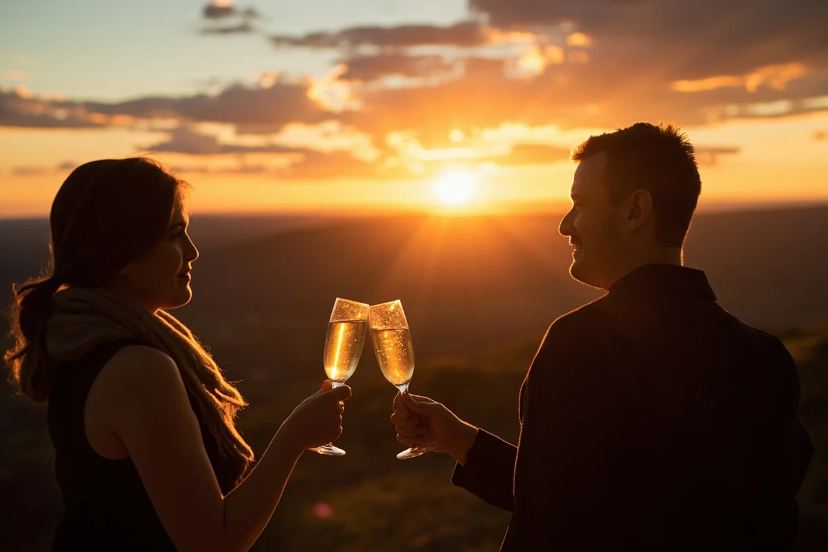 Couple toasting champagne at sunset overlooking Montana valley