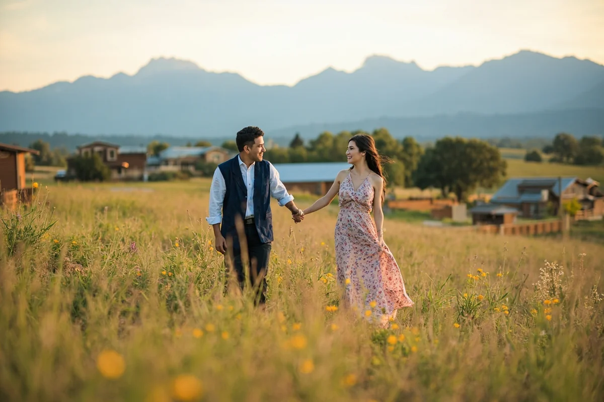 Couple walking hand-in-hand through wildflower meadow with ranch buildings and mountains in background