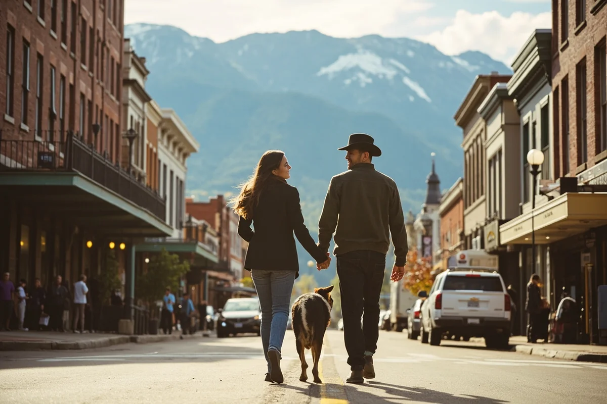 Couple walking through historic downtown Bozeman with mountain backdrop