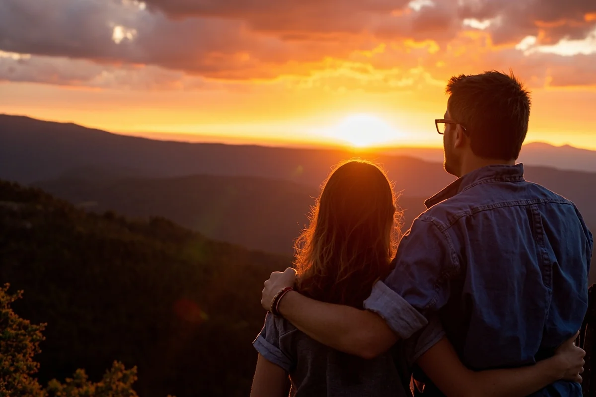 Couple watching sunset from a mountain overlook with dramatic Montana sky