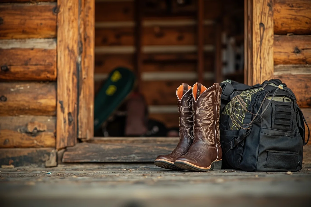 Cowboy boots and gear arranged on cabin porch