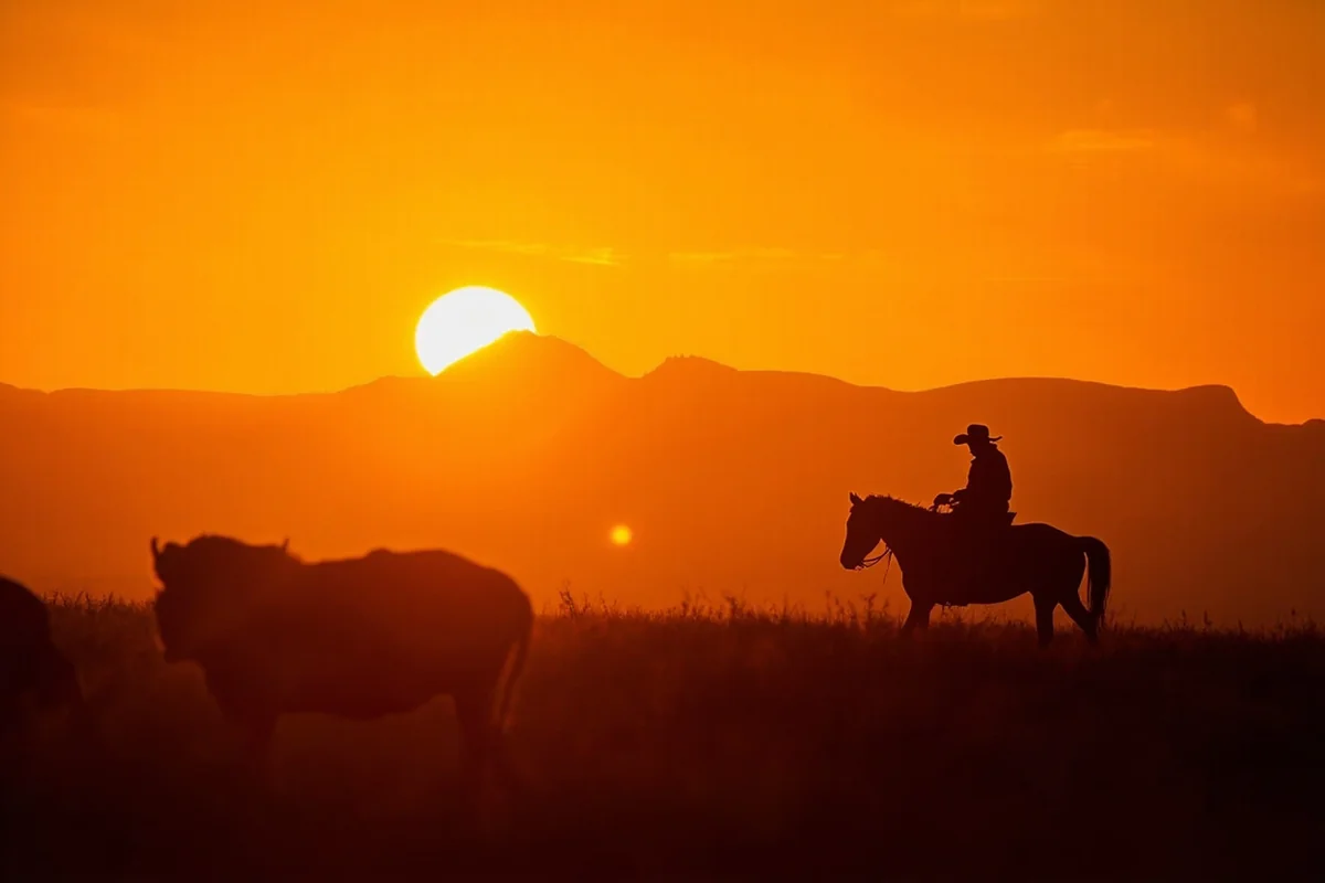 Cowboy silhouette on horseback against orange Montana sunset with cattle in foreground