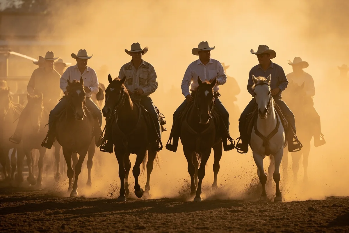 Cowboys on horseback during Miles City's Bucking Horse Sale with dusty arena atmosphere