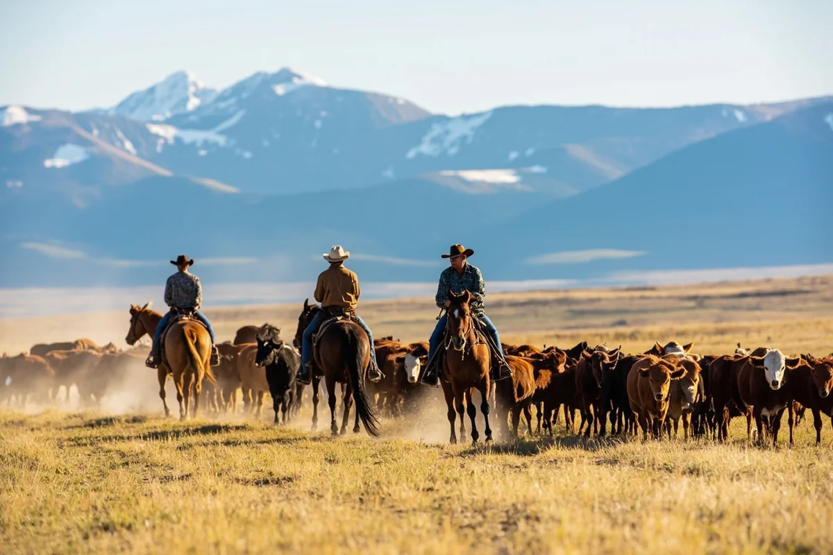 Cowboys on horseback moving cattle across Montana prairie with mountain backdrop