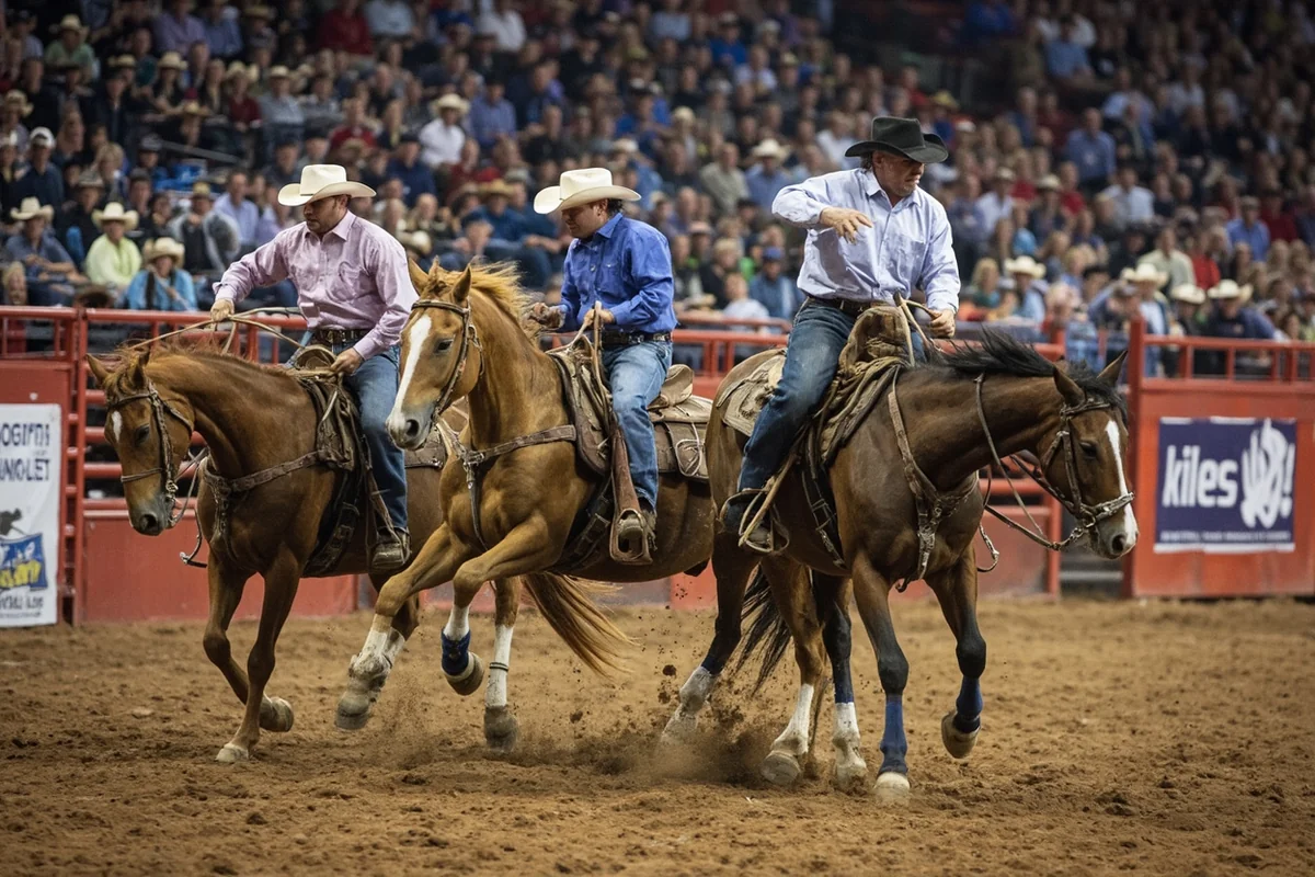 Cowboys riding bucking horses in the arena at the Miles City Bucking Horse Sale with packed grandstands in the background