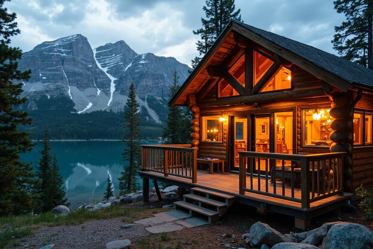 Cozy cabin accommodation near Whitefish, Montana with mountain backdrop