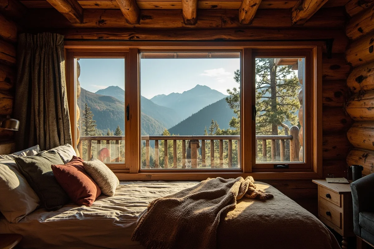 Cozy cabin accommodation with mountain views through large windows