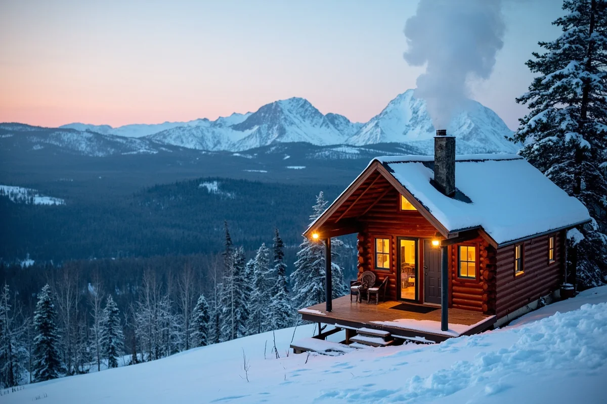 Cozy cabin with snow on the roof and smoke rising from chimney in Montana mountains