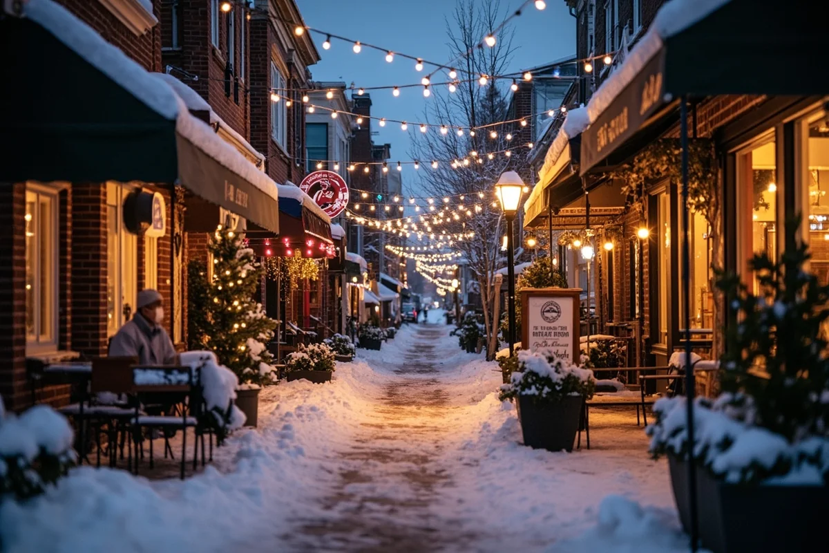 Cozy downtown Whitefish street in winter with snow-covered awnings and warm lights from shops and restaurants
