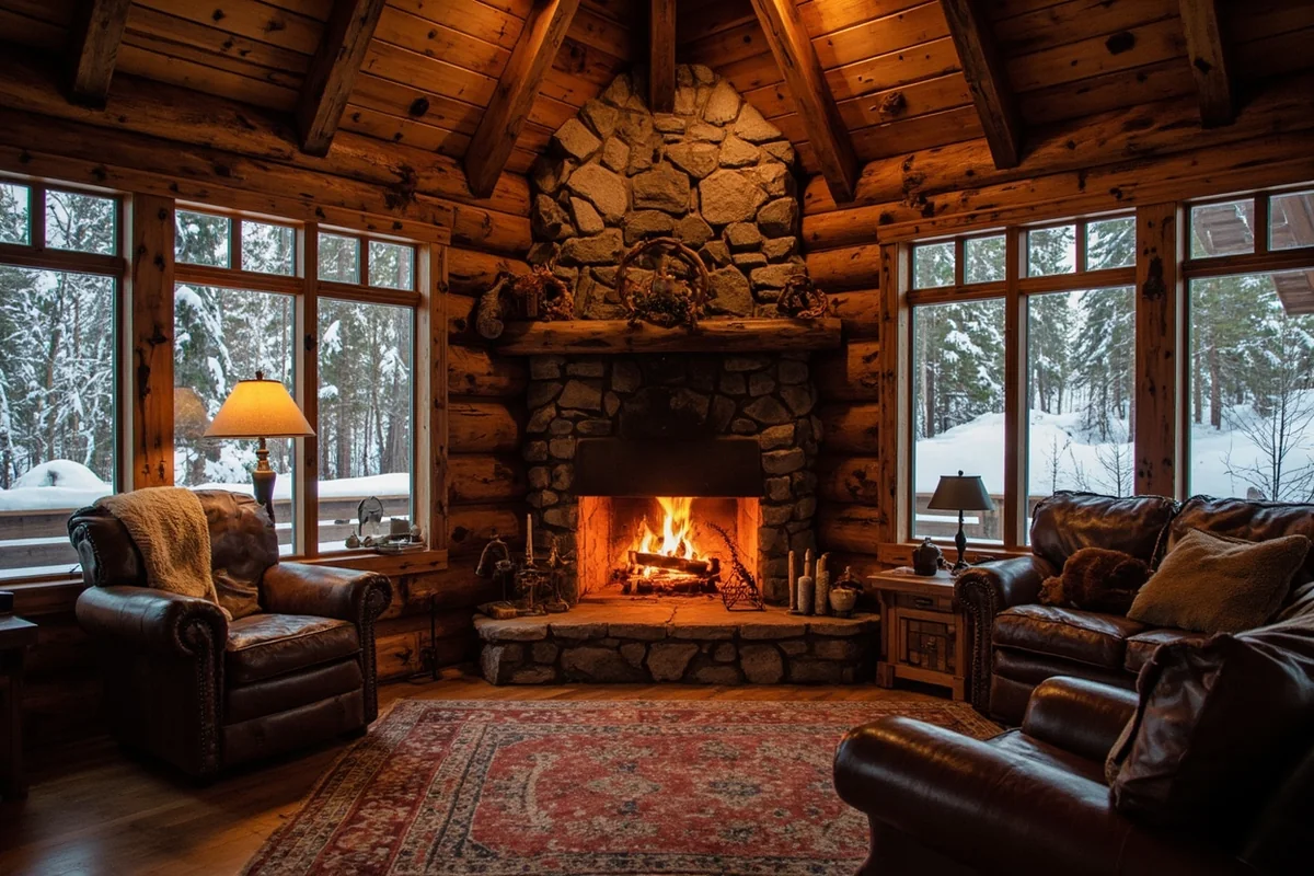 Cozy interior of a Montana A-frame cabin with a roaring fireplace and snow visible through large windows